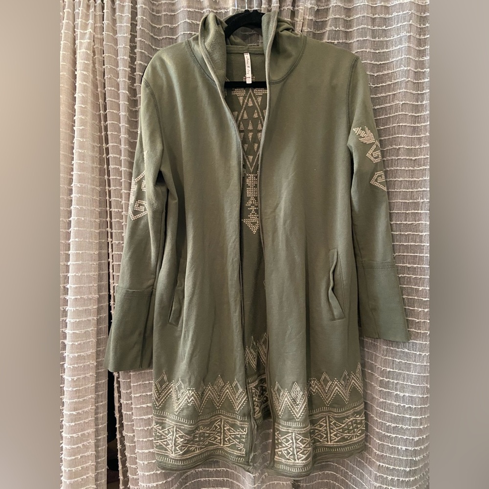 Boho Olive Green Embroidered Open Front cardigan